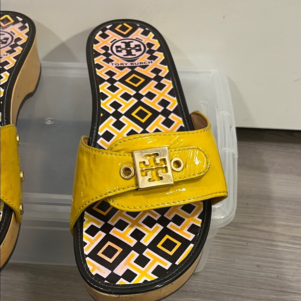 Tory Burch Yellow Patterned Slide Sandals